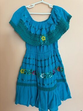 Girls Teal Embroidered Off-Shoulder Mexican Dress girls size 8